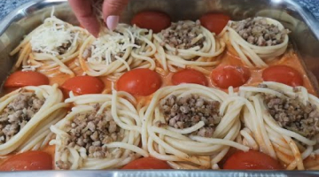 "Гнёзда" из спагетти с фаршем, помидорами и сыром (в духовке)! 