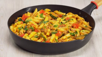 Recipe Итальянский ужин за 30 минут! Фарш и макароны в соусе с кабачками и помидорами!